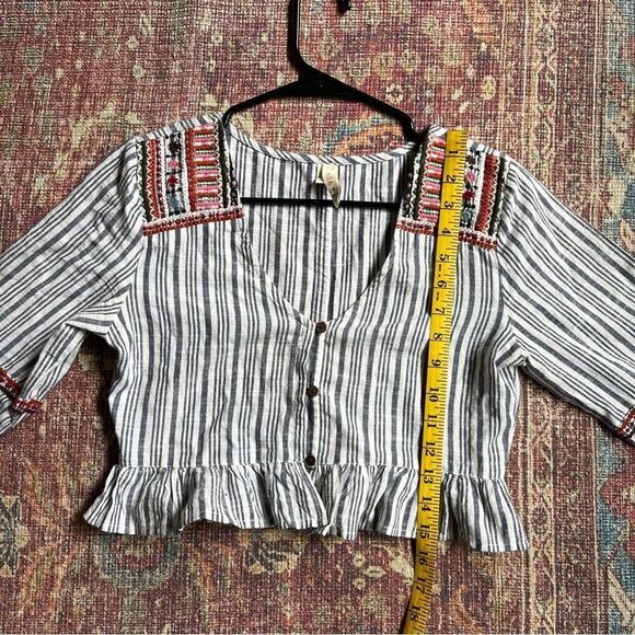 Small Raga Women’s Striped cropped Boho Blouse with Button & Embroidered Details - Picture 9 of 13